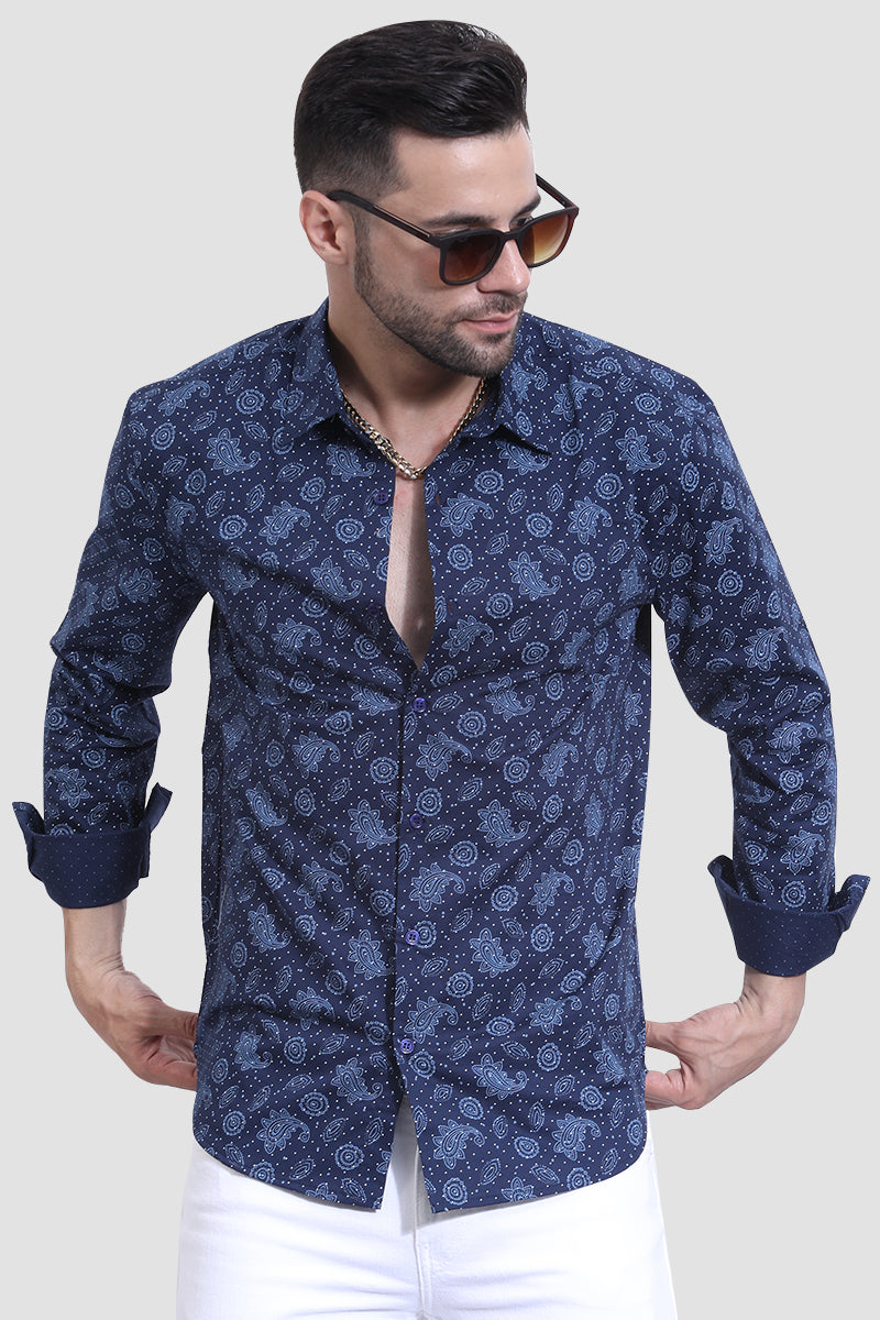 Cerulean Blue Casual Prints Premium Cotton Shirt For Men